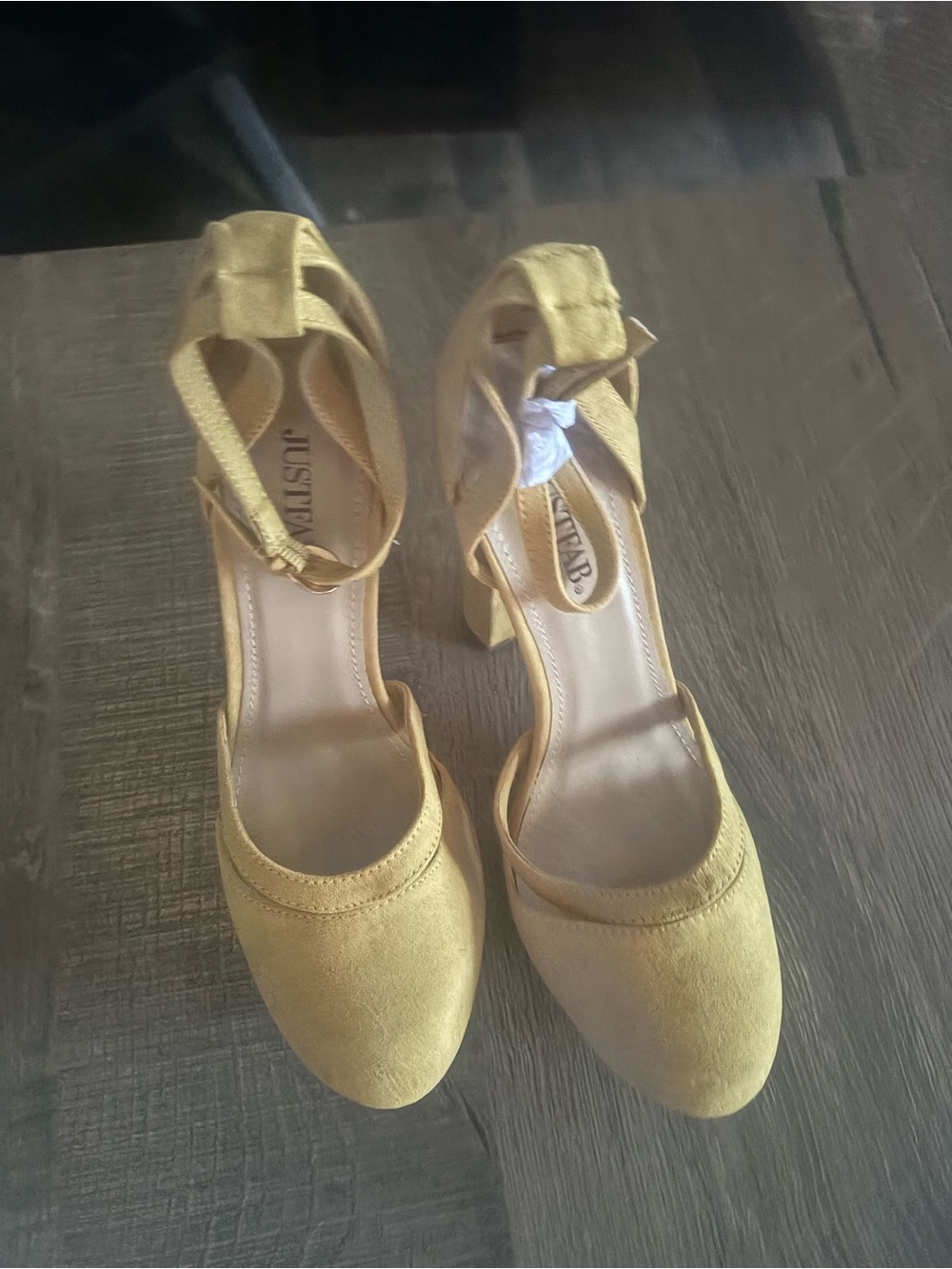 JustFab Mustard Ankle-Strap Block Heel Pumps